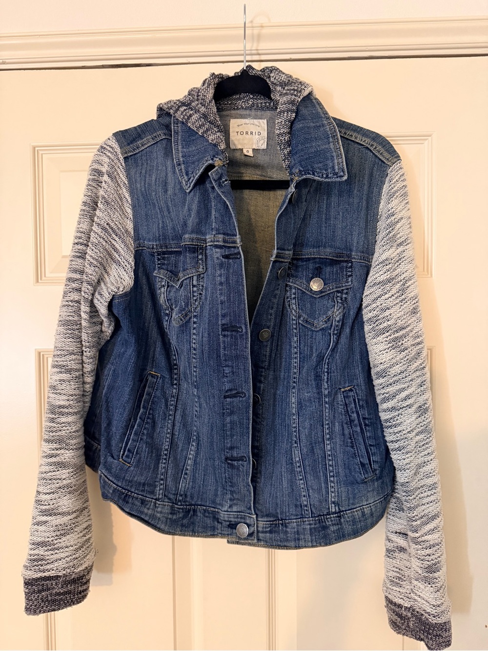 torrid Blue Denim Jacket with Gray Knit Hood & Sleeves